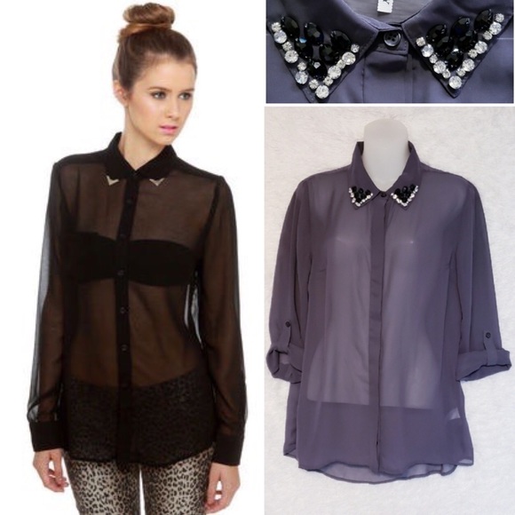 Studio Y Tops - Embellished Collar Button Down Sheer Top NWOT